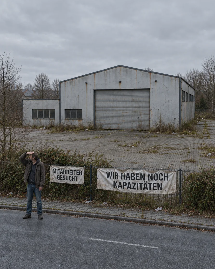 Ein leerstehender Handwerksbetrieb an einer leeren Straße: geschlossenes Rolltor, verwitterte Halle, Unkraut im Hof. Am Straßenrand stehen Banner mit „Mitarbeiter gesucht“ und „Wir haben noch Kapazitäten“, davor der Inhaber, der mit der Hand über den Augen die leere Straße absucht.